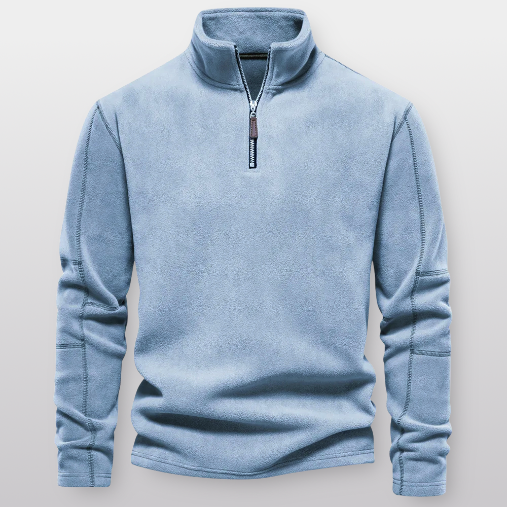 Men's quarter-zip fleece pullover with stand collar and long sleeves