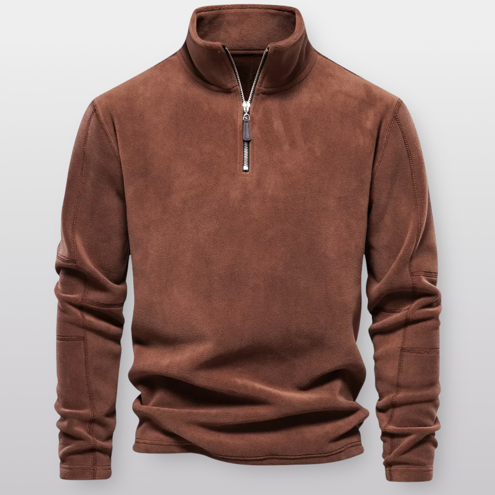 Men's quarter-zip fleece pullover with stand collar and long sleeves