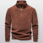 Men's quarter-zip fleece pullover with stand collar and long sleeves