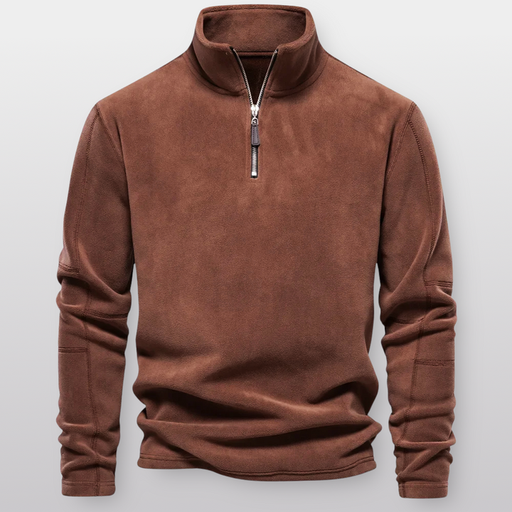 Men's quarter-zip fleece pullover with stand collar and long sleeves