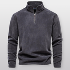 Men's quarter-zip fleece pullover with stand collar and long sleeves