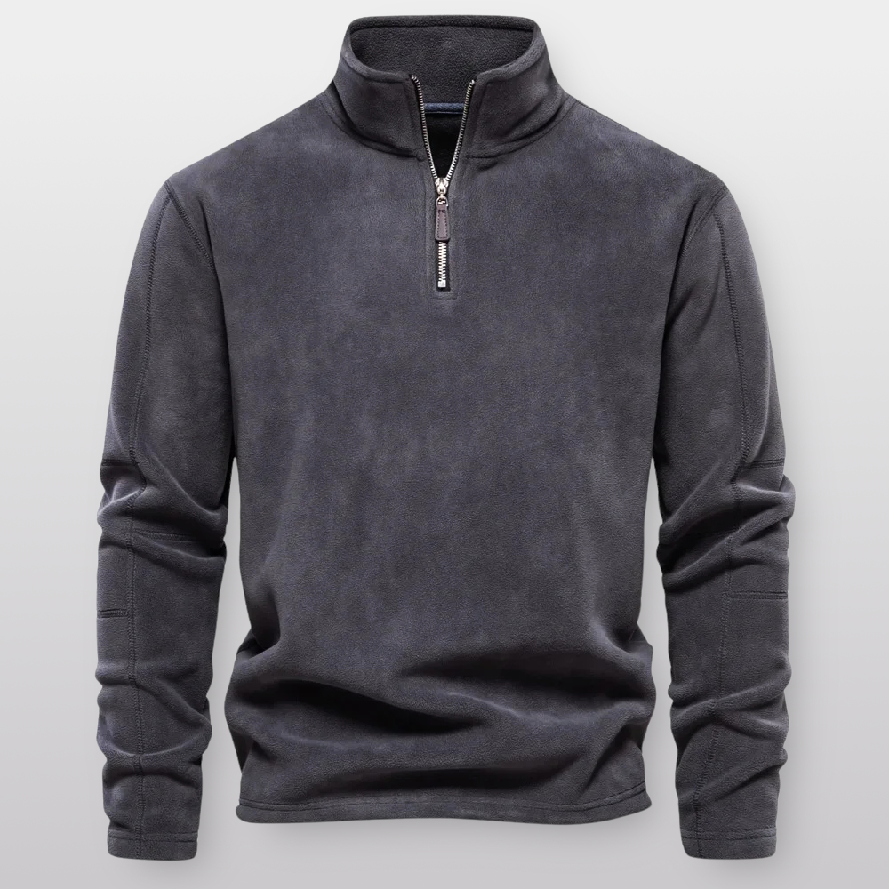 Men's quarter-zip fleece pullover with stand collar and long sleeves