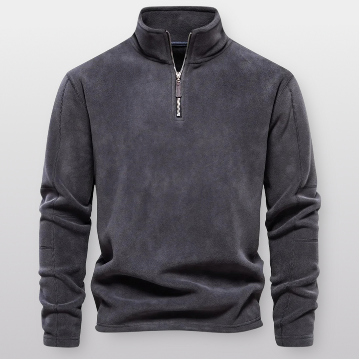 Men's quarter-zip fleece pullover with stand collar and long sleeves