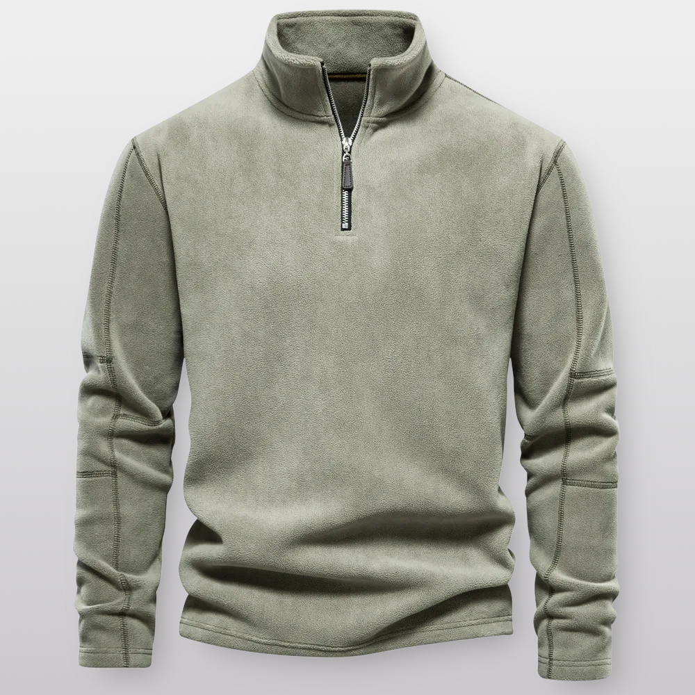 Men's quarter-zip fleece pullover with stand collar and long sleeves
