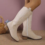 Women's Western knee-high boots with block heel and stitched detailing