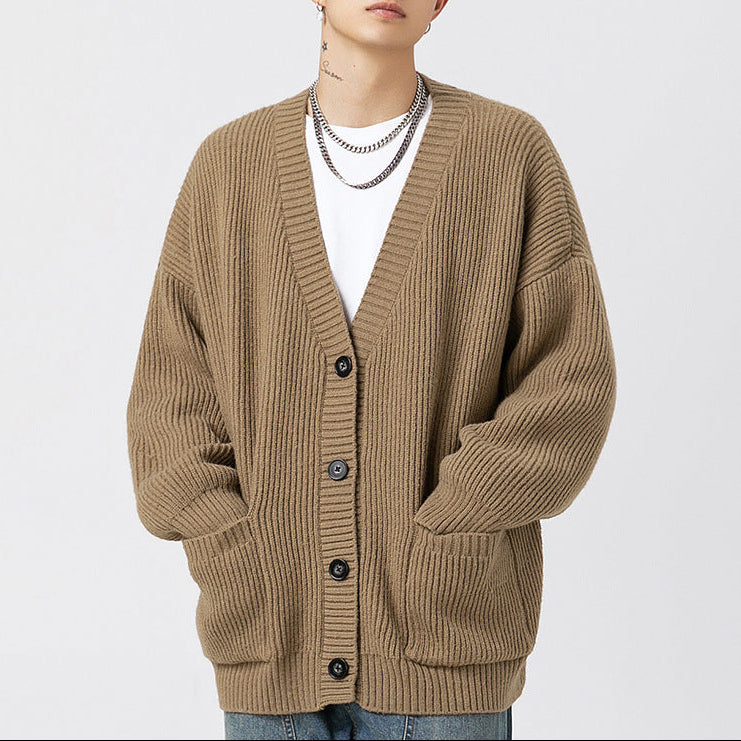 Women's oversized ribbed V-neck cardigan with buttons and patch pockets