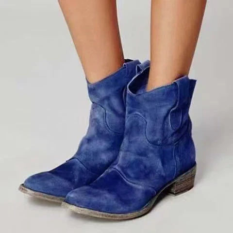 Women's suede ankle boots with low block heels and side pull tabs