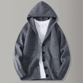 Men's hooded rib knit cardigan with button front and patch pockets