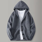 Men's hooded rib knit cardigan with button front and patch pockets