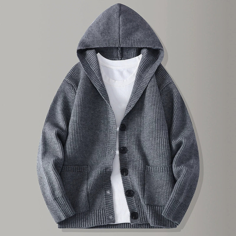 Men's hooded rib knit cardigan with button front and patch pockets