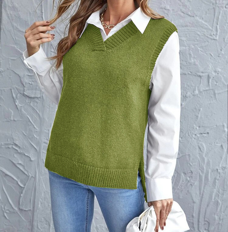 Women's sleeveless knit V-neck vest with ribbed trim in multiple colours