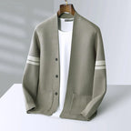 Men's cardigan with button front, patch pockets and striped long sleeves