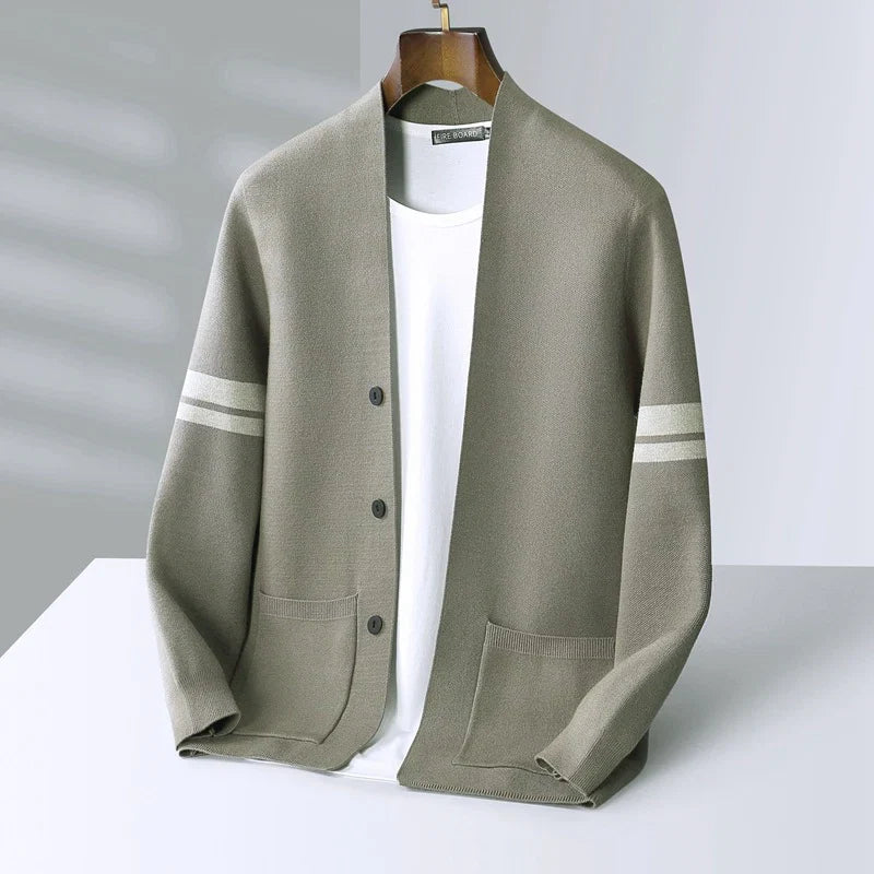 Men's cardigan with button front, patch pockets and striped long sleeves