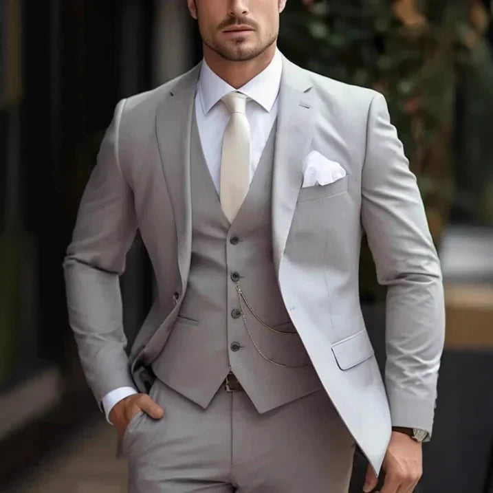 Men's three-piece suit with tailored jacket, button waistcoat and matching trousers