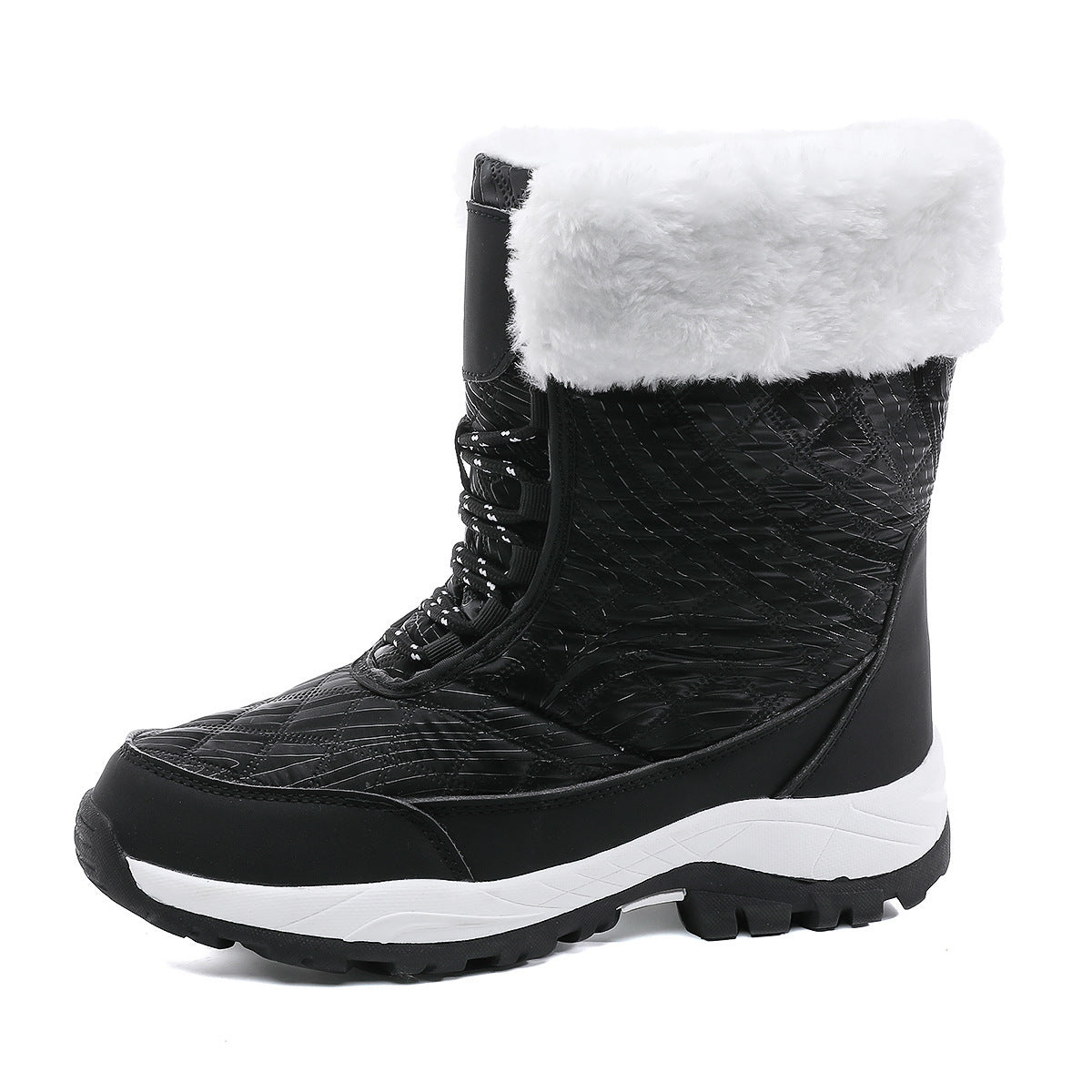 Winter snow boots with faux fur cuff and lug sole