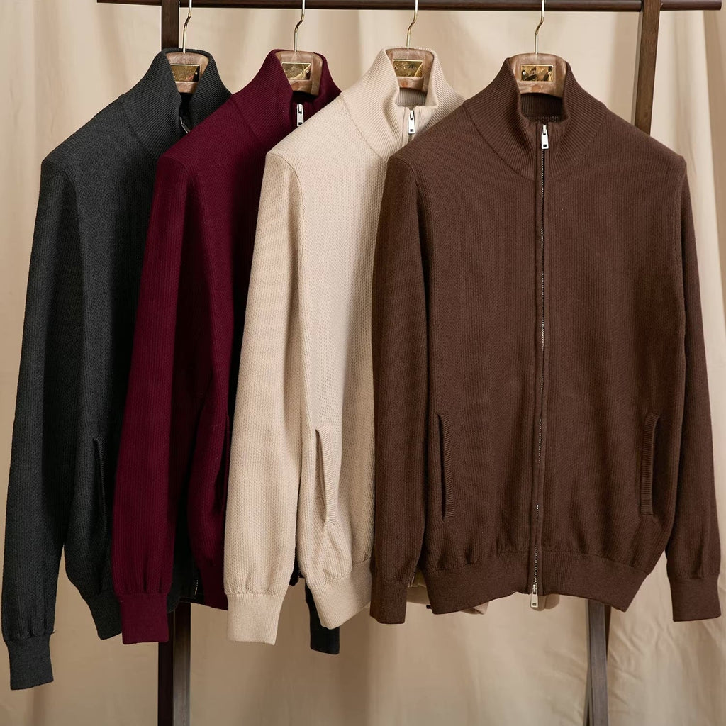 Men's knitted zip cardigan with stand collar, long sleeves and front pockets