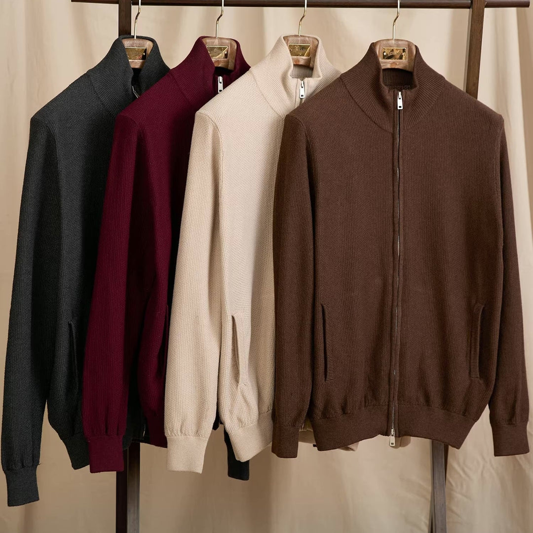 Men's knitted zip cardigan with stand collar, long sleeves and front pockets