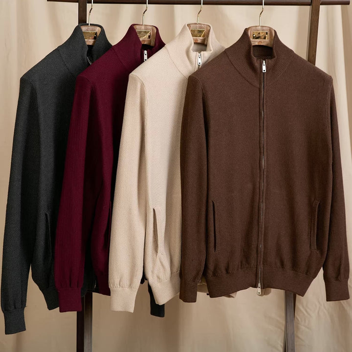 Men's knitted zip cardigan with stand collar, long sleeves and front pockets