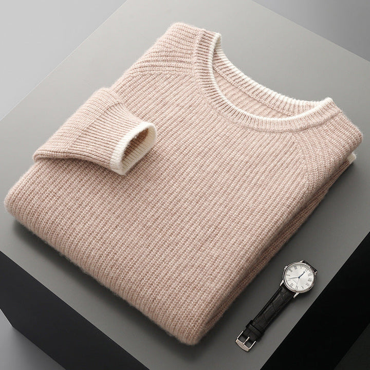 Folded ribbed crew neck sweater with contrasting trim