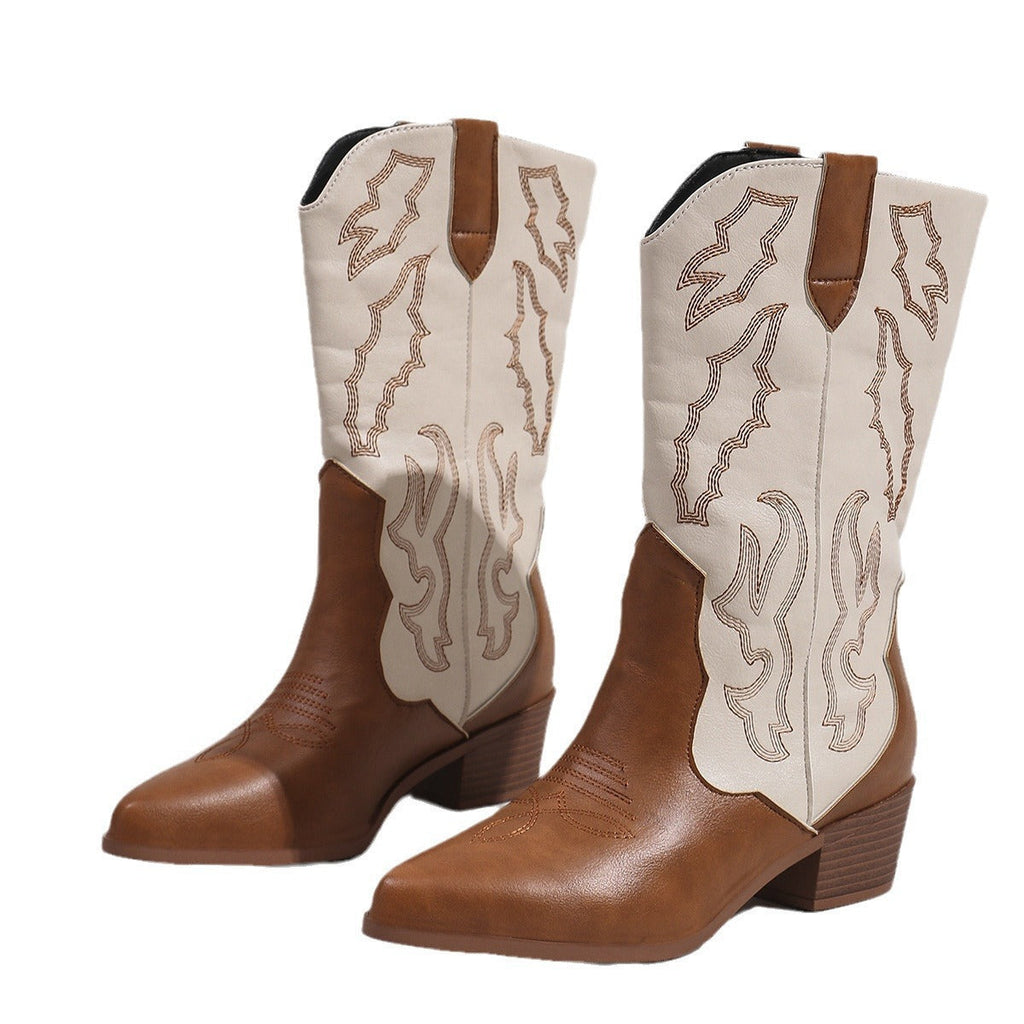 Women's western cowboy boots with embroidered panels and block heels