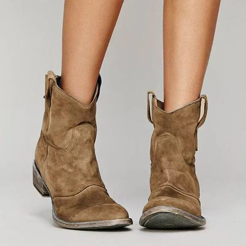 Women's suede ankle boots with low block heels and side pull tabs