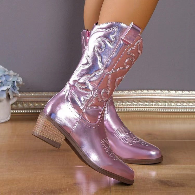 Women's knee-high cowboy boots with stitched panels and block heels