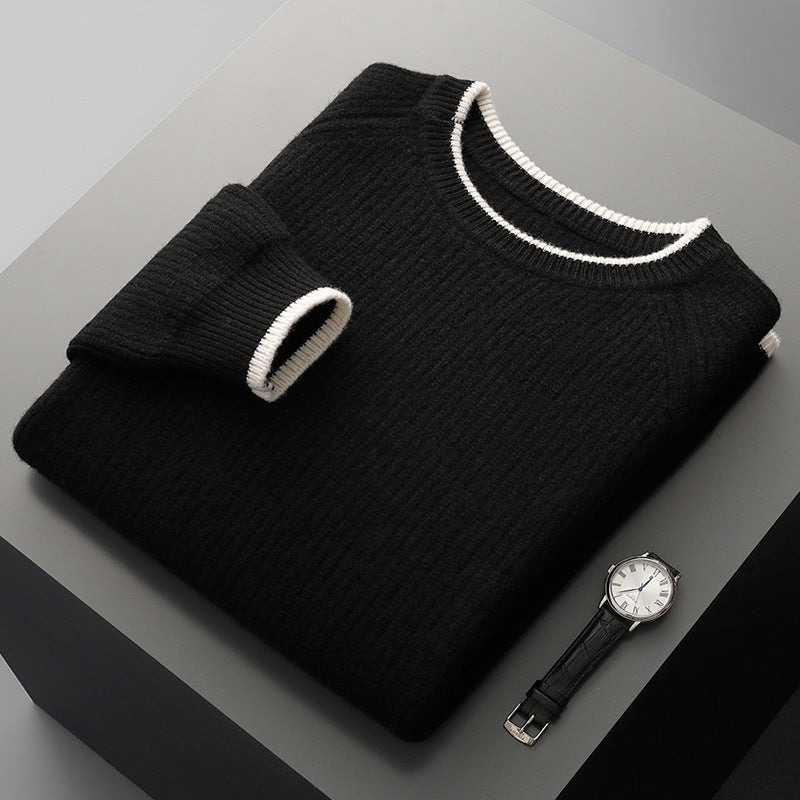 Folded ribbed crew neck sweater with contrasting trim