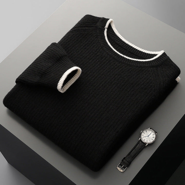Folded ribbed crew neck sweater with contrasting trim