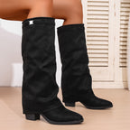 Women's slouch knee-high boots with pointed toes and low block heels