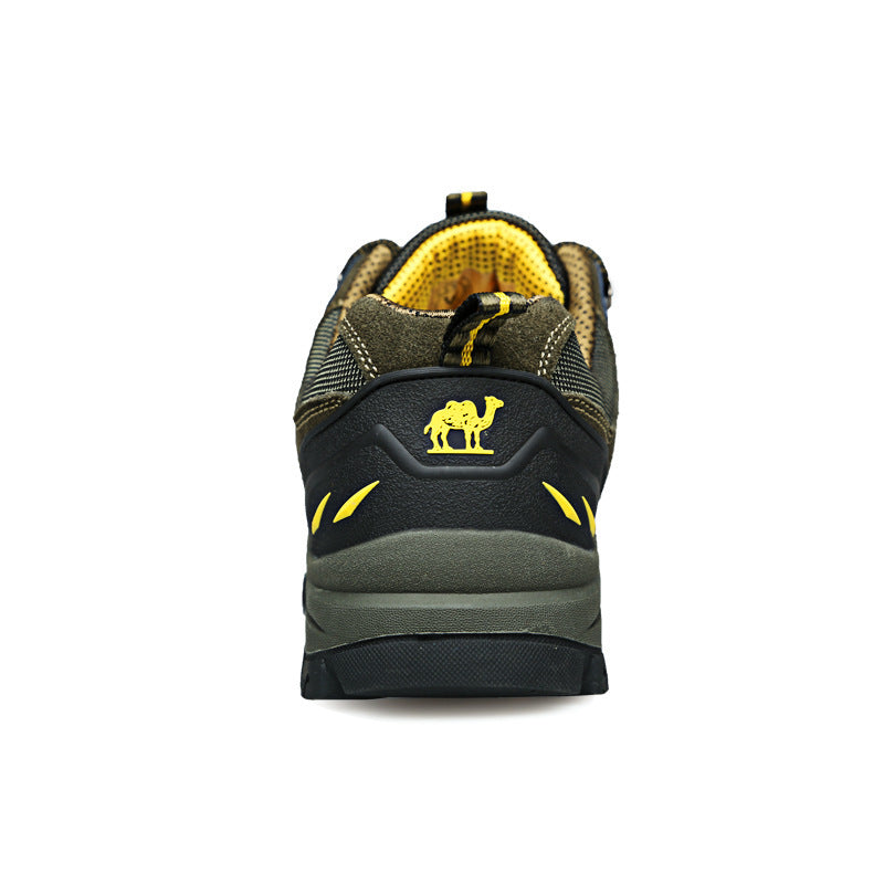 Lace-up hiking shoe with layered panels and chunky tread sole