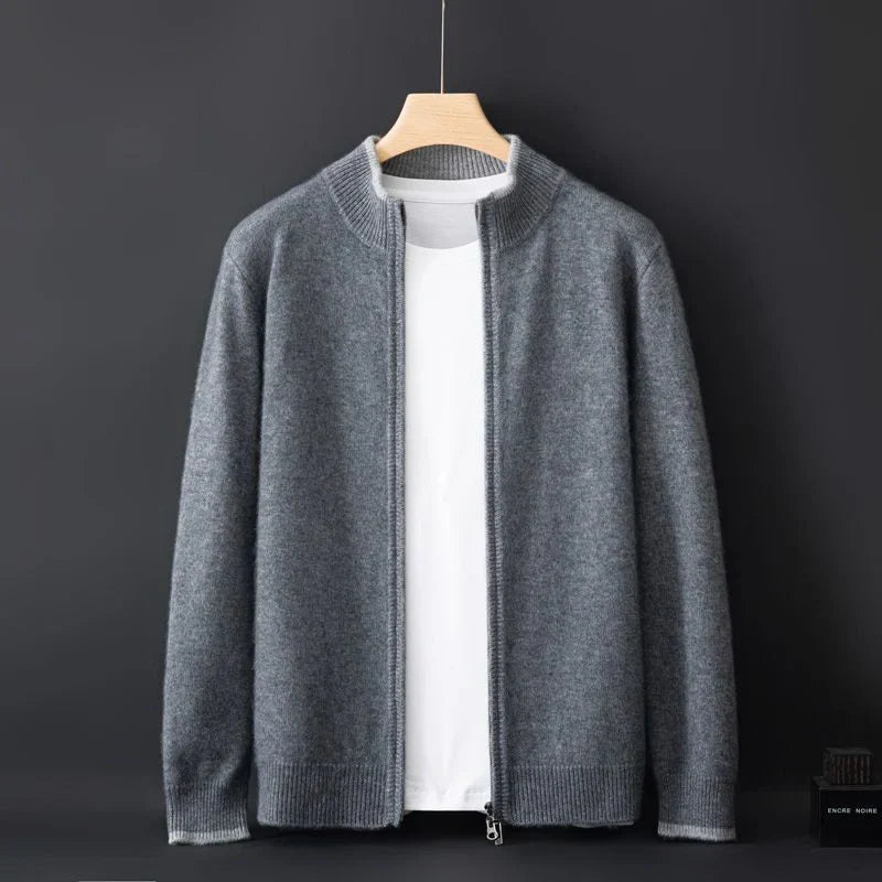 Unisex knitted zip-front bomber cardigan with ribbed collar