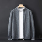 Unisex knitted zip-front bomber cardigan with ribbed collar