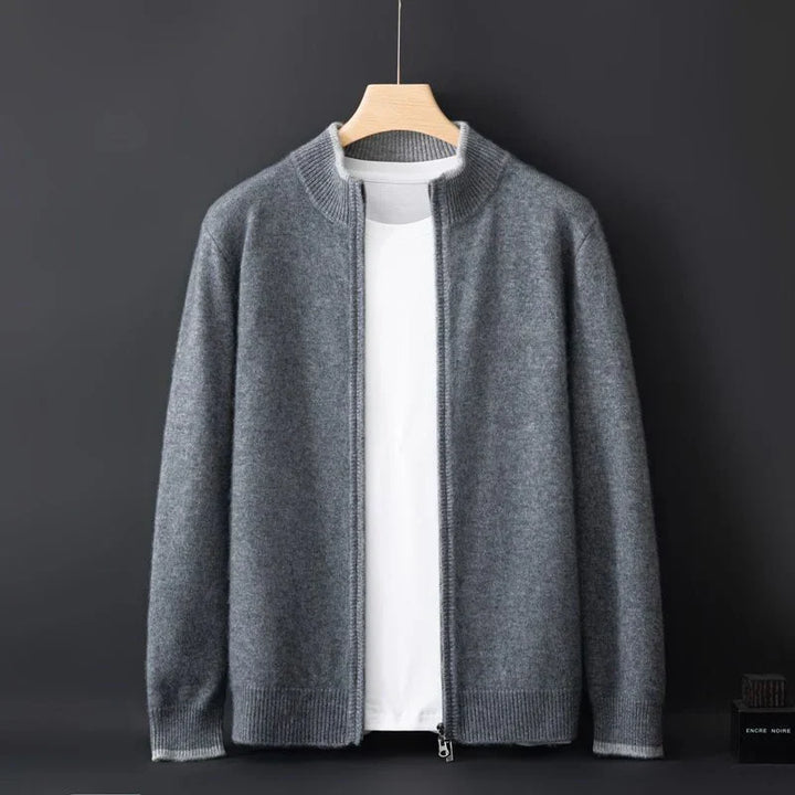 Unisex knitted zip-front bomber cardigan with ribbed collar