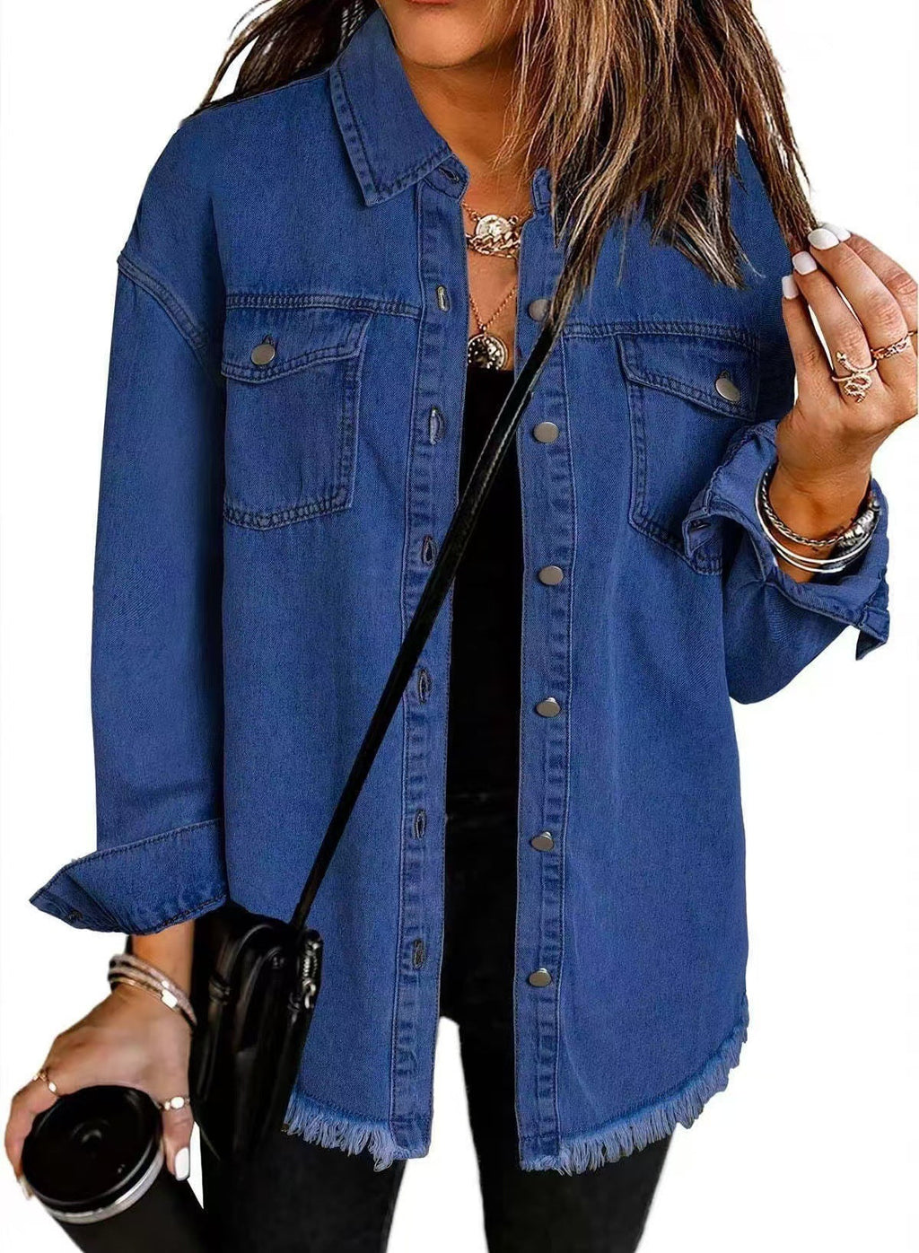 Women's leather blazer jacket with notched lapels and patch pockets