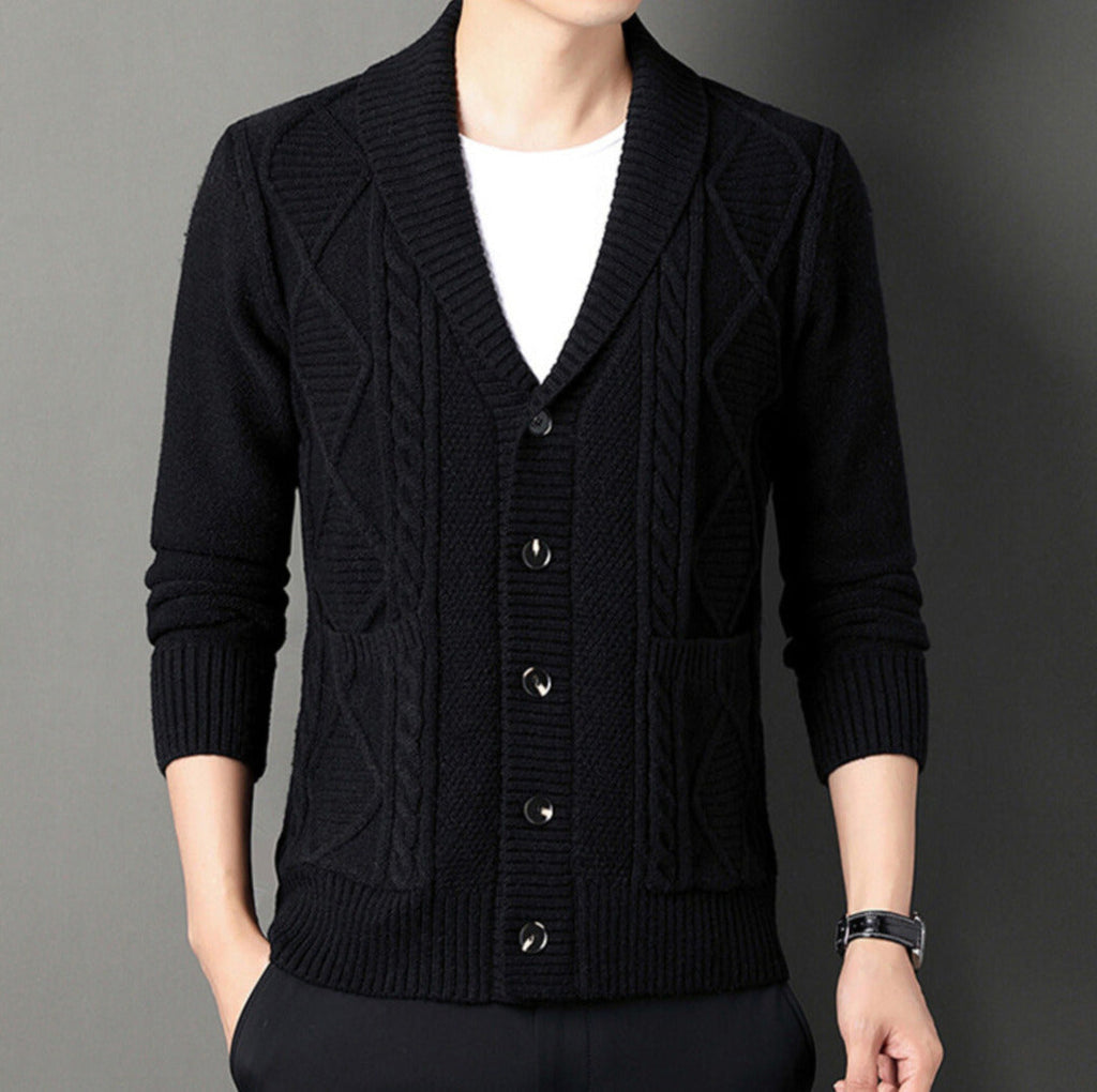 Men's textured cable knit cardigan with shawl collar and button front