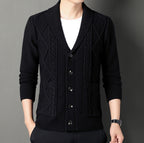 Men's textured cable knit cardigan with shawl collar and button front