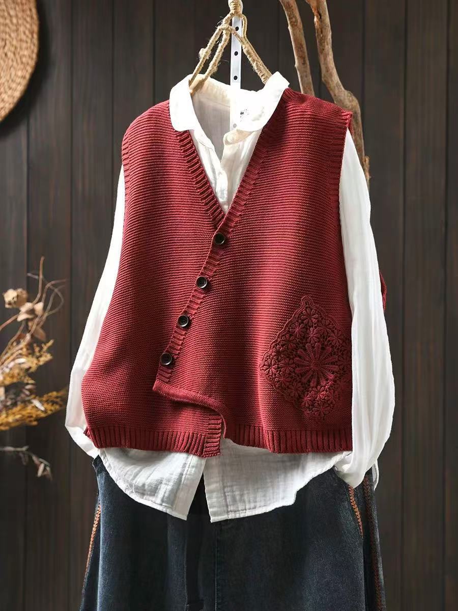 Women's knitted V-neck waistcoat with button front and floral panel