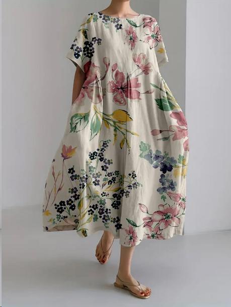 Women's loose floral midi dress with short sleeves and flared skirt