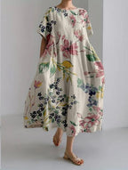 Women's loose floral midi dress with short sleeves and flared skirt