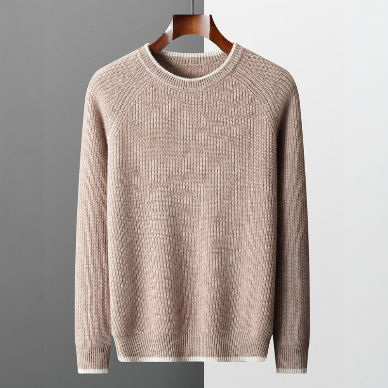 Folded ribbed crew neck sweater with contrasting trim
