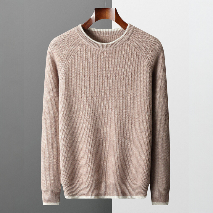 Folded ribbed crew neck sweater with contrasting trim