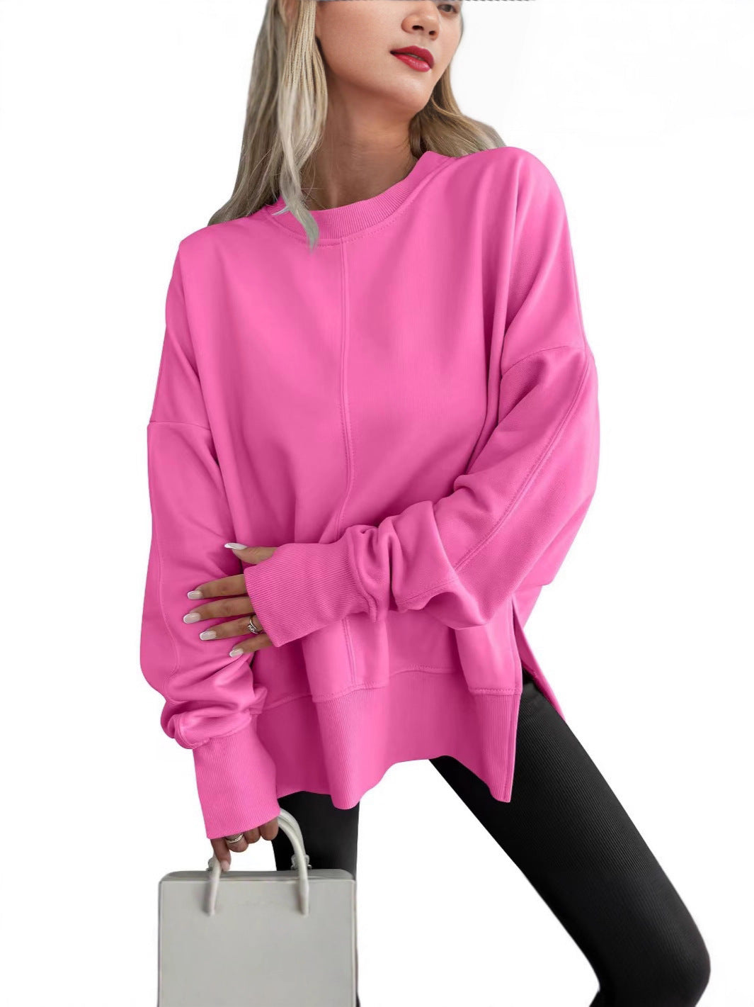 Women's oversized crew neck sweatshirt with dropped shoulders and ribbed trims