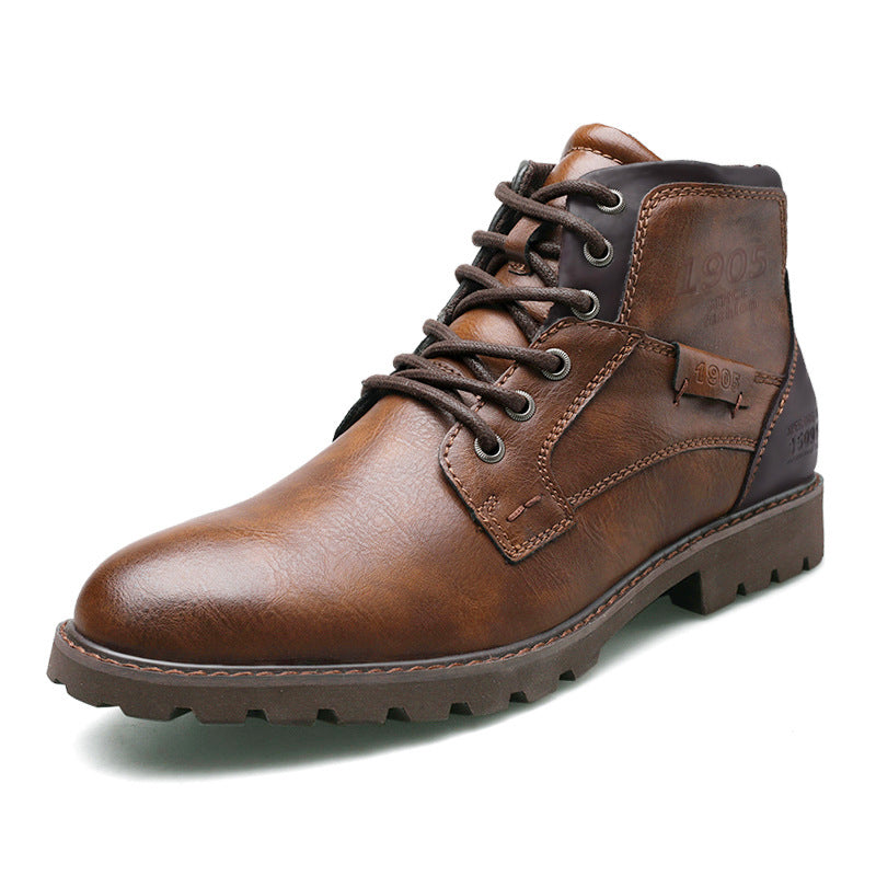 Men's lace-up ankle boots with contrasting panels and lug sole