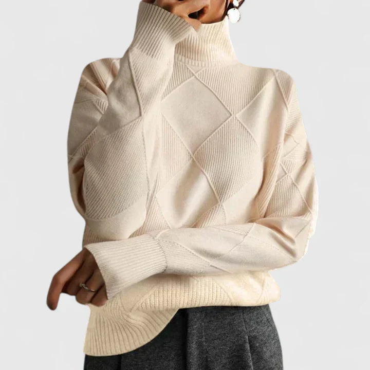 Women's geometric textured mock neck sweater with long sleeves