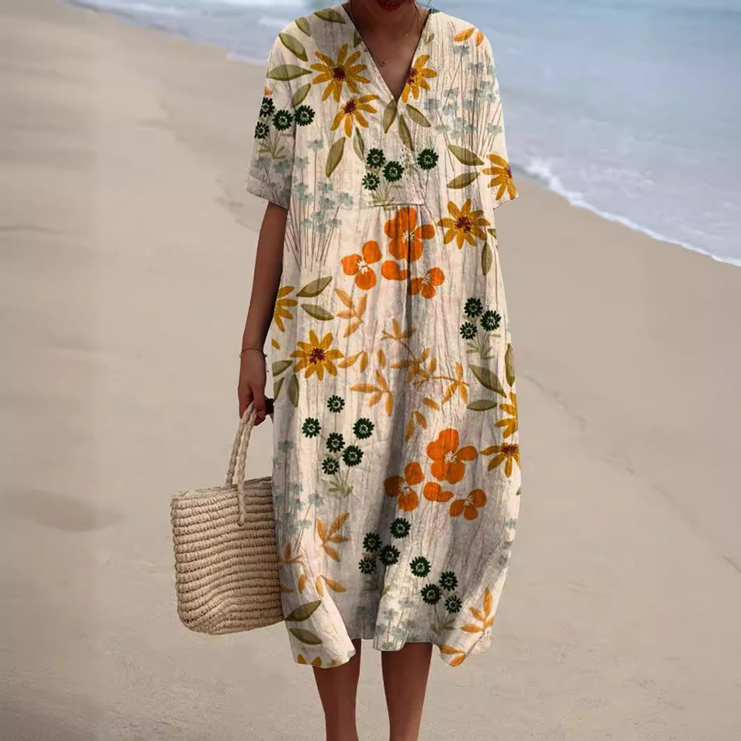 Women's floral V-neck shift dress with short sleeves and knee-length hem