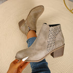 Women's ankle boots with laser cut panels and block heel