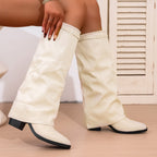 Women's slouch knee-high boots with pointed toes and low block heels