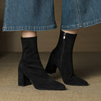 Women's ankle boots with pointed toes, side zips and high block heels