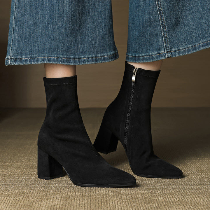 Women's ankle boots with pointed toes, side zips and high block heels