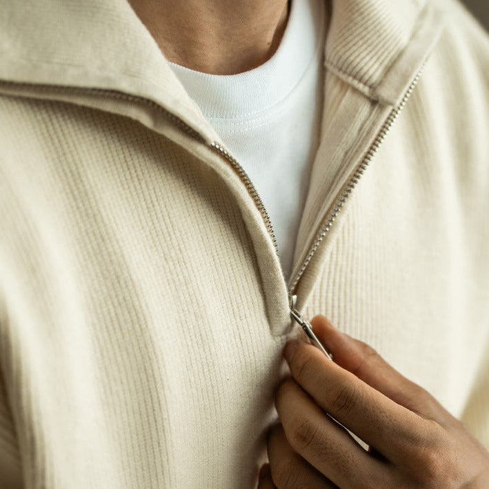 Men's ribbed quarter-zip jumper with raised collar and long sleeves